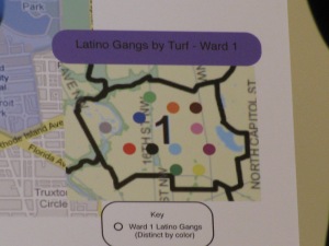 A map of Ward 1 Latino Gang locations.